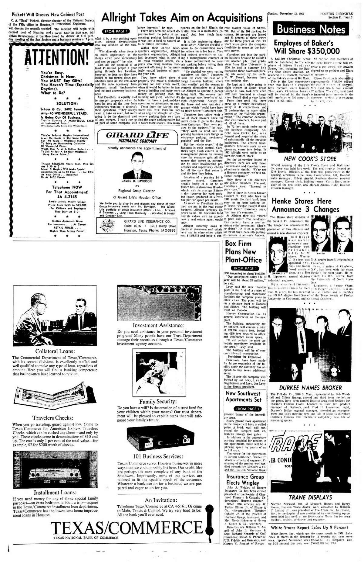Houston Chronicle inside page - December 12, 1965 - section 11, page 2. Allright Takes Aim at Acquisitions