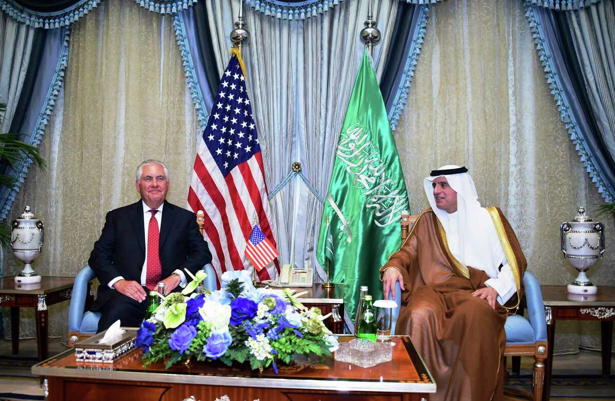 U.S. Secretary of State Rex Tillerson, left, meets with Saudi Foreign Minister Adel al-Jubeir in Jiddah, Saudi Arabia, Wednesday, July 12, 2017. U.S. Secretary of State Rex Tillerson has held talks with the king of Saudi Arabia and other officials from the countries lined up against Qatar, but there has been no sign of a breakthrough so far in an increasingly entrenched dispute that has divided some of America's most important Mideast allies. (U.S. State Department, via AP)