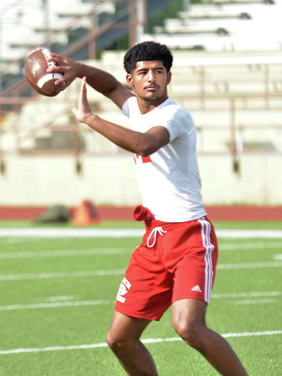 Martin’s Mathew Duron is 195 of 306 for 2,600 yards with 53 touchdowns and seven interceptions in the 7on7 summer league at Krueger Field.