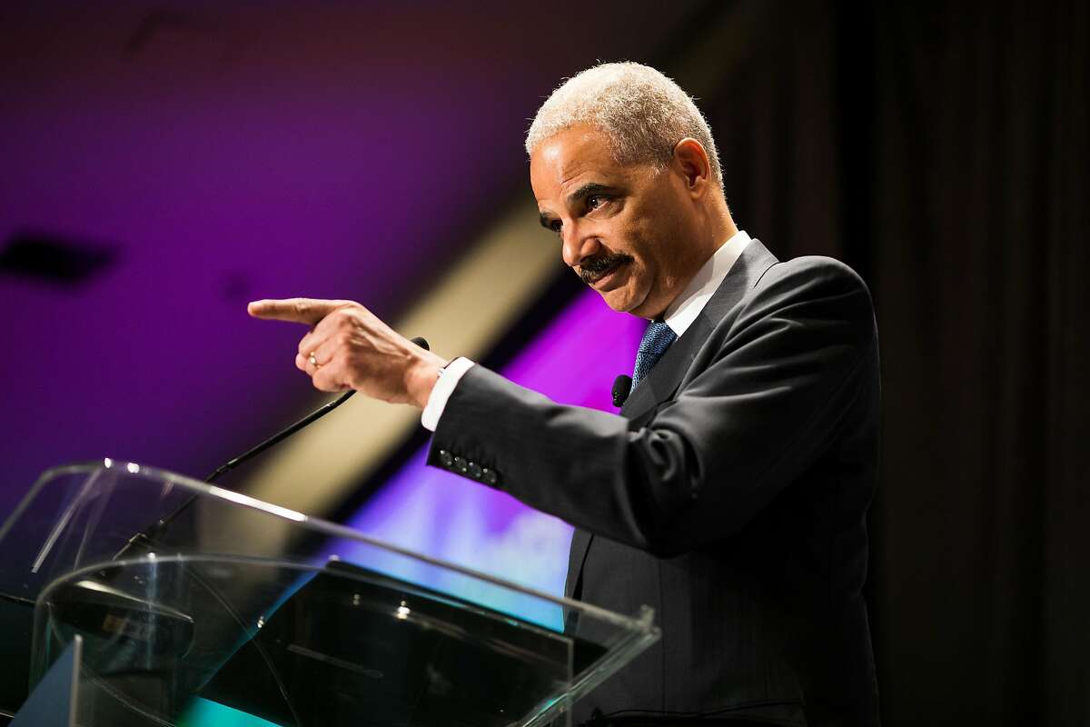 Former U.S. Attorney General Eric Holder introduces the 2017 Mathew O. Tobriner Public Service Award to the Honorable Thelton E. Henderson at Legal Aid at Work's 2017 Annual Dinner at the Westin St. Francis in San Francisco, Calif. Wednesday, July 10, 2017.