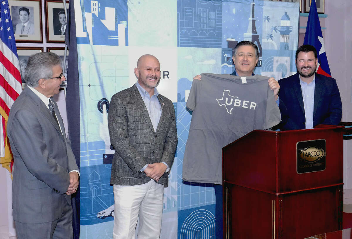 State Representative Richard Peña Raymond, at podium, welcomed UBER to Laredo, Wednesday, July 12, 2017, at a press conference at the Laredo Chamber of Commerce offices. Other present at the event were, from left, Laredo Chamber of Commerce President/CEO, Miguel Conchas; Mayor Pro Tempore, Alejandro Perez Jr., and Uber Government Relations officer, Chris Miller.