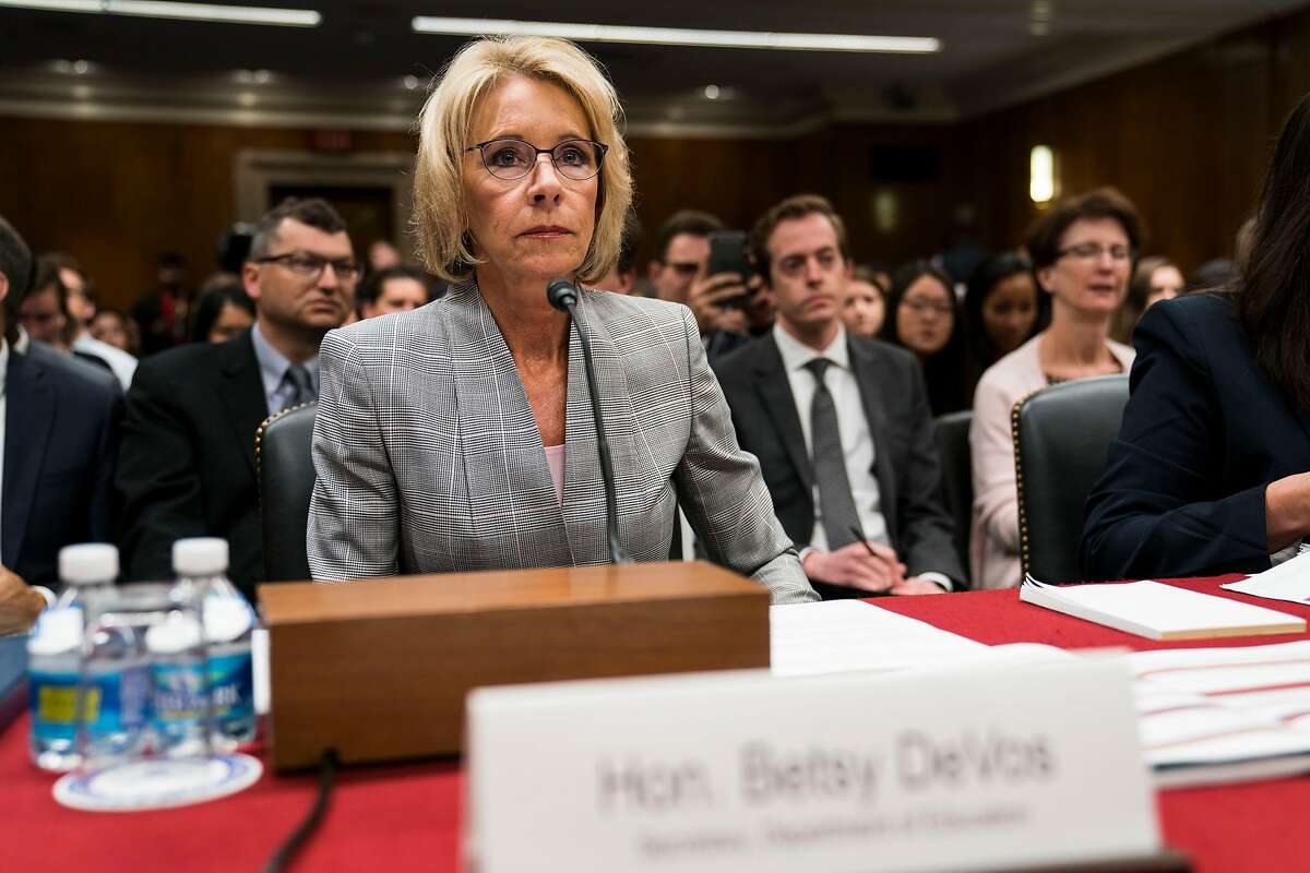 FILE � Betsy DeVos, the education secretary, during an appearance before a House committee on Capitol Hill in Washington, June 6, 2017. DeVos�s Education Department is re-evaluating the get-tough policies on campus sexual assault that were enforced by the Obama administration. (Doug Mills/The New York Times)