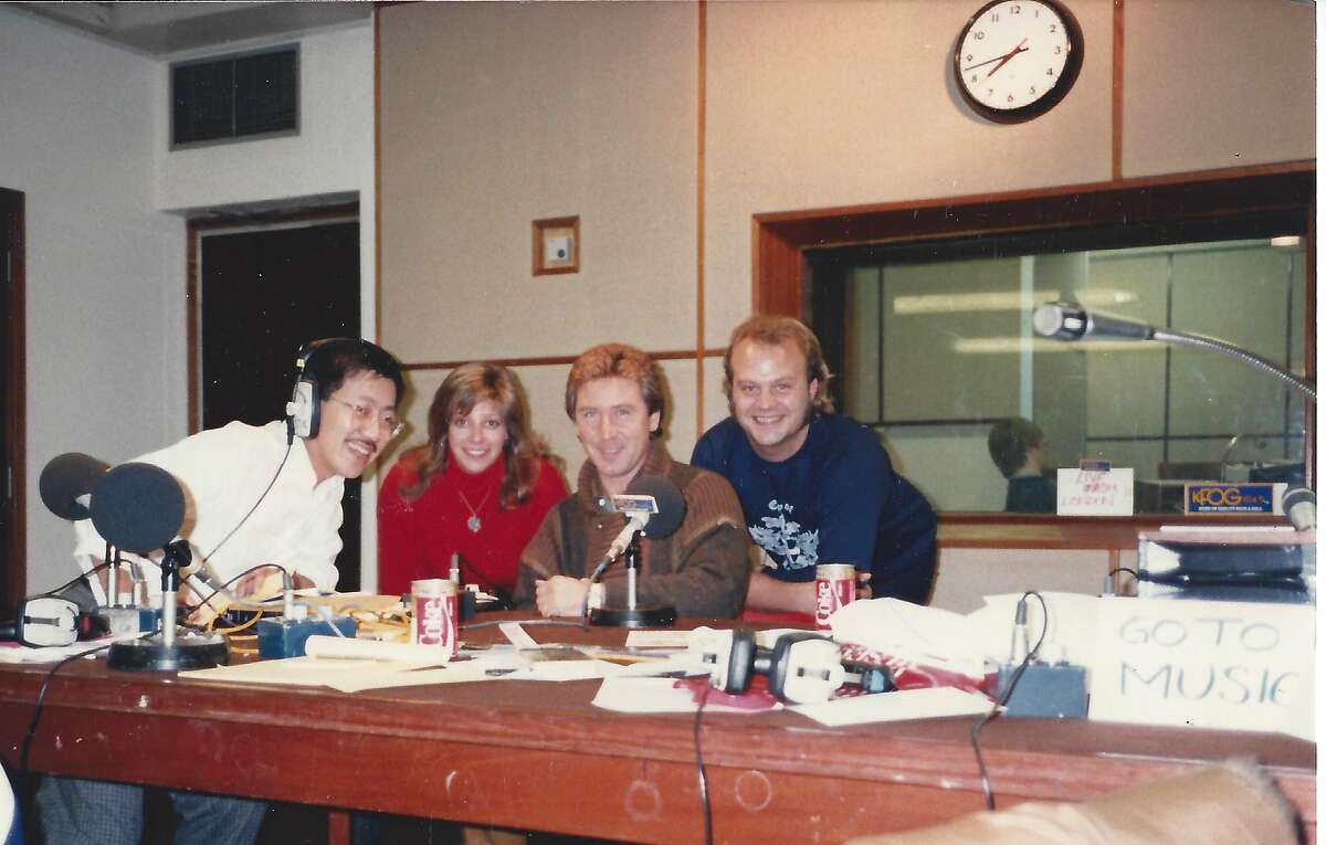 At Capital Radio, in London. Left to right: Ben Fong-Torres, Trish Robbins, Kenney Jones, and Mike Slavko (aka M. Dung). Photo: John Rivers