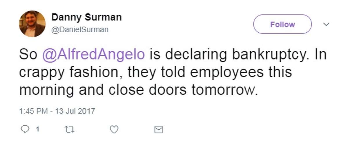 @DanielSurman: So @AlfredAngelo is declaring bankruptcy. In crappy fashion, they told employees this morning and close doors tomorrow.