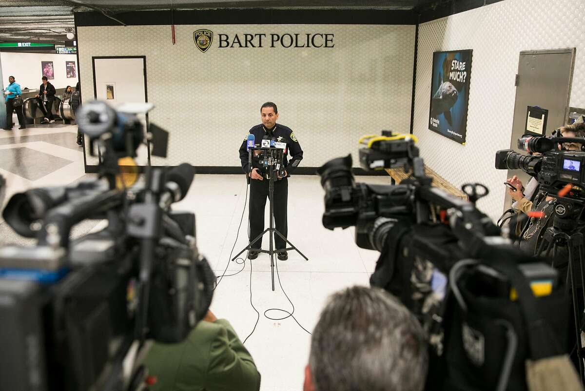 BART's Chief of Police, Carlos Rojas, talks during a press conference at Powell Street BART stations in San Francisco, Calif. Thursday, July 13, 2017.