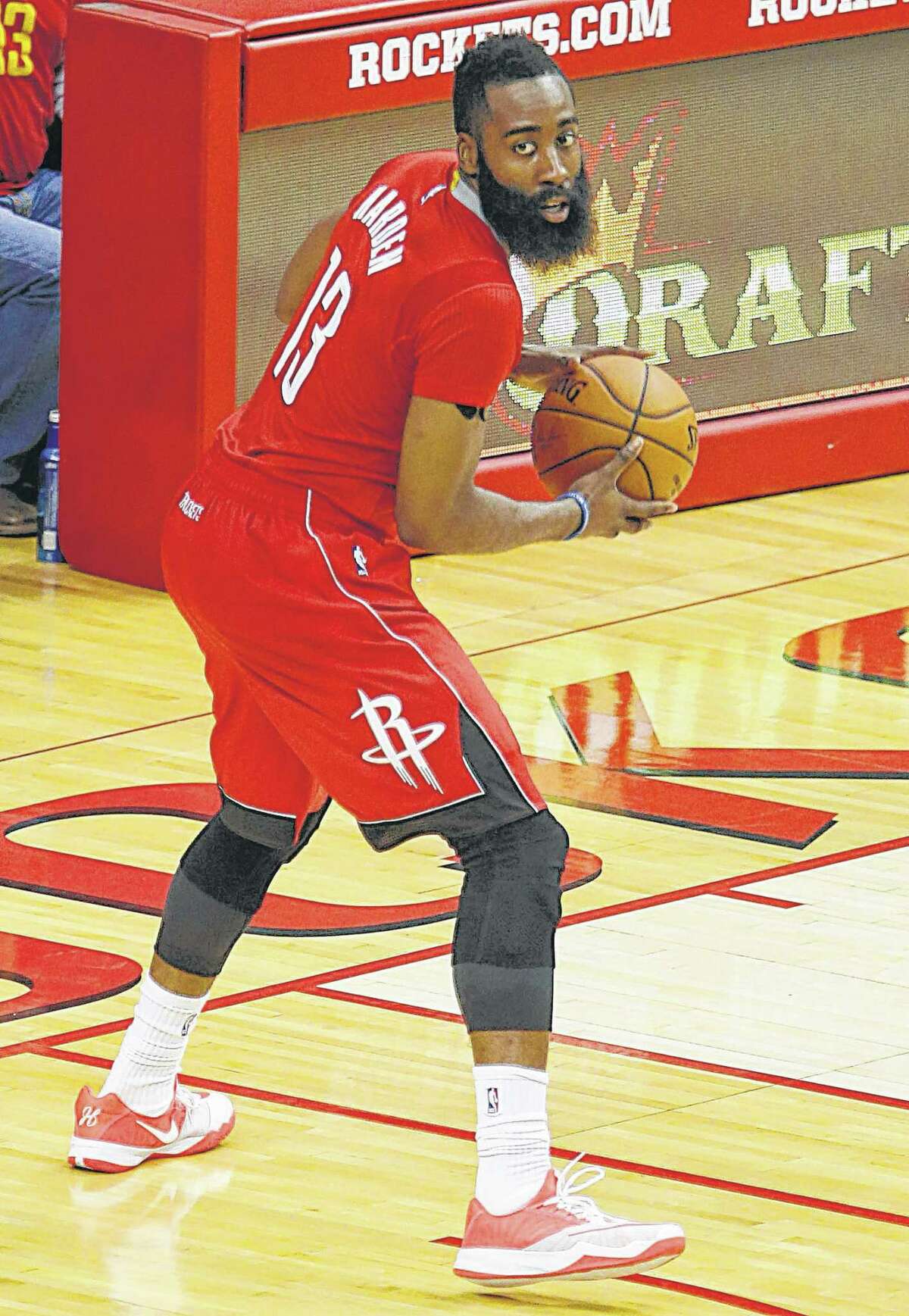 Houston Rockets guard James Harden pulling in his tenth rebound to secure a triple double against the Minnesota Timberwolves during the fourth quarter of NBA game action at the Toyota Center Monday, Feb. 23, 2015, in Houston. ( James Nielsen / Houston Chronicle )