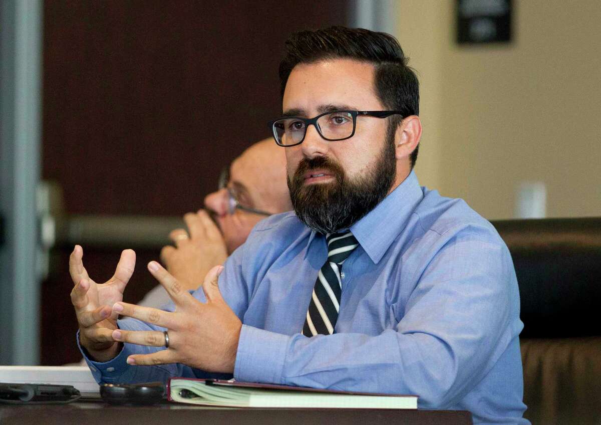 Engineer Sam Hinojosa with Halff Associates speaks during joint meeting of the San Jacinto River Authority, City of Conroe and Montgomery County, Wednesday, July 12, 2017, in Conroe. Officials discussed the first of three public meetings on the flood protection study and flood early warning system project for the west portion of the San Jacinto River.
