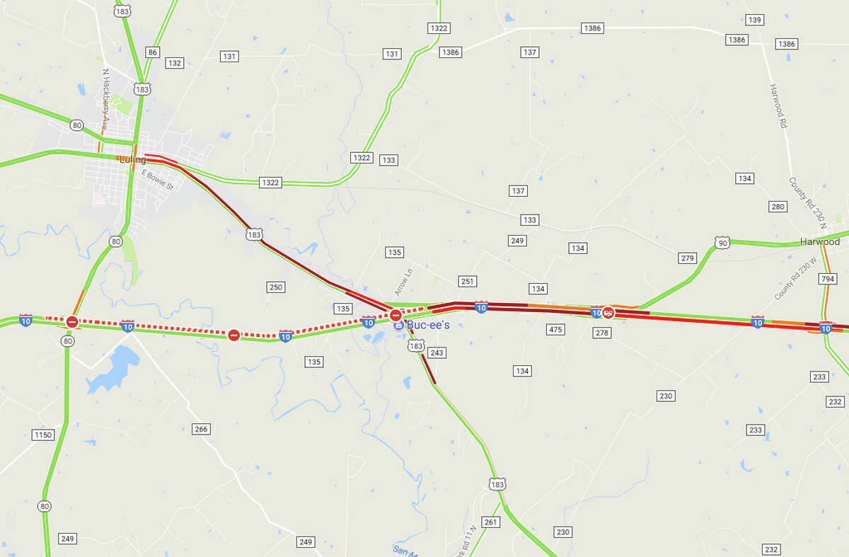 Officials closed the westbound lanes of Interstate 10 Friday afternoon, July 14, 2017, near Luling. This Google Traffic screen shot shows how the closure was affecting traffic.