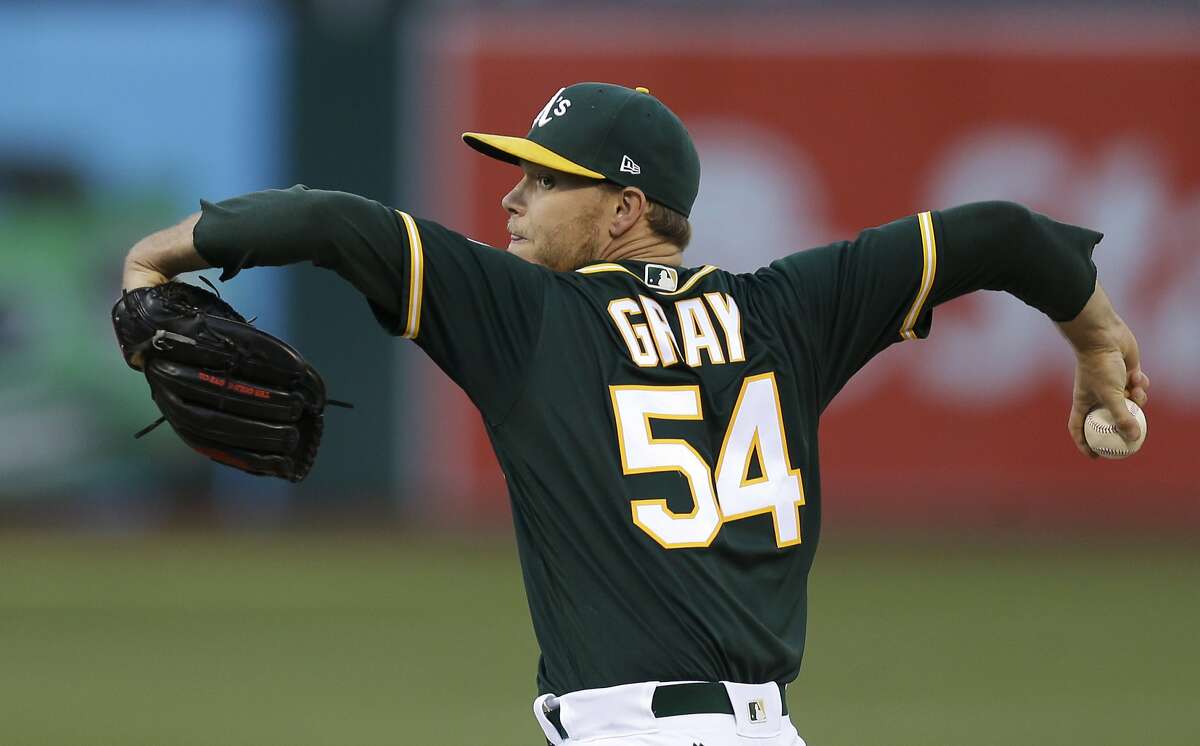Oakland Athletics pitcher Sonny Gray works against the Cleveland Indians during the first inning of a baseball game Friday, July 14, 2017, in Oakland, Calif. (AP Photo/Ben Margot)