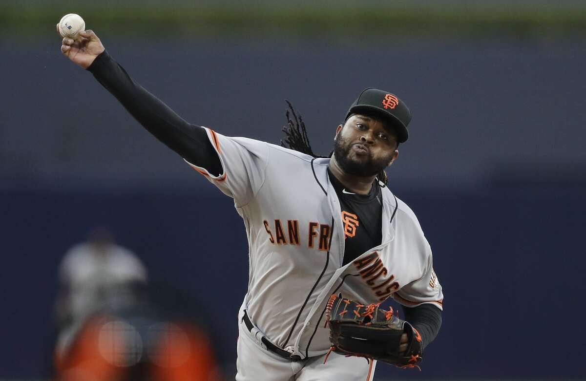 San Francisco Giants starting pitcher Johnny Cueto works against a San Diego Padres batter during the first inning of a baseball game Friday, July 14, 2017, in San Diego. (AP Photo/Gregory Bull)