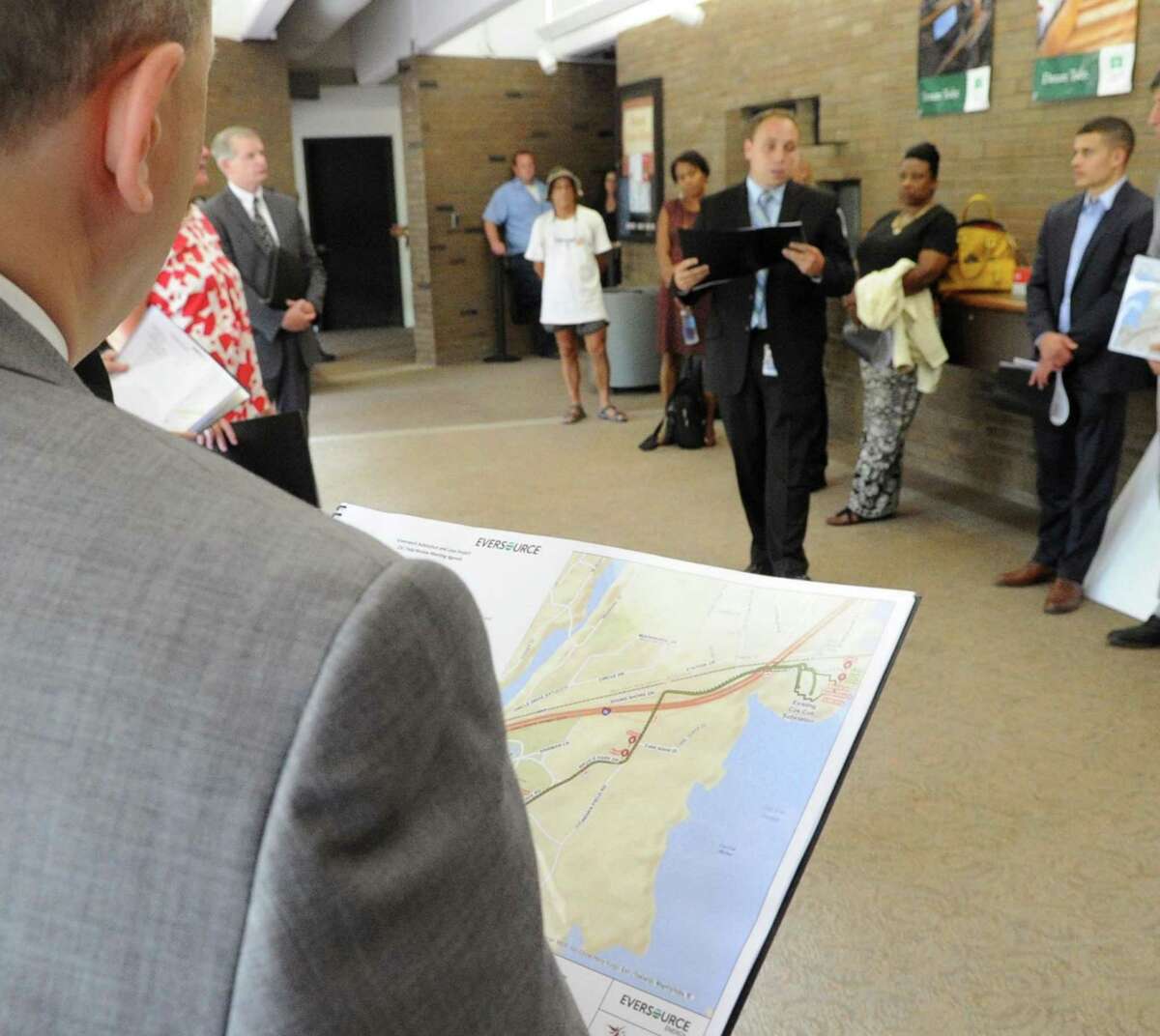 The start of the Connecticut Siting Council tour at Greenwich Library in Greenwich, Conn., Thursday, July 13, 2017. The siting council was in town to check out proposed routes for a new substation linked from Railroad Avenue to Cos Cob.