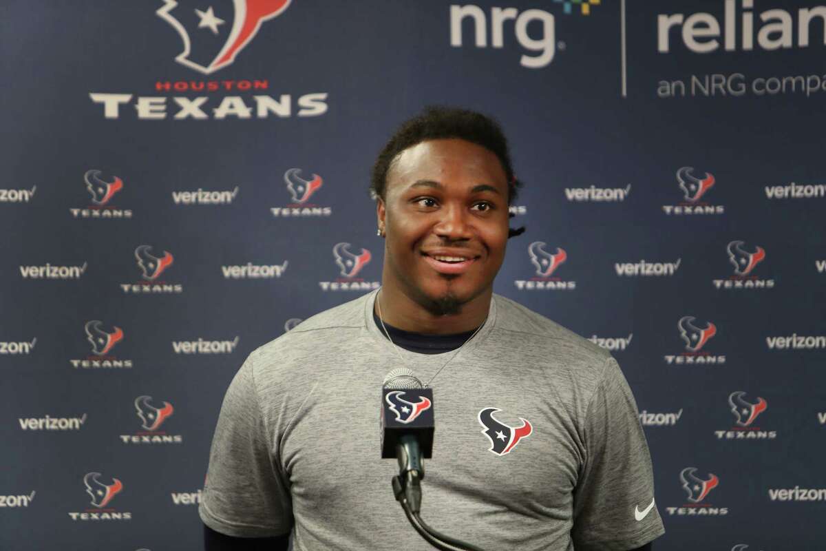 D'Onta Foreman, running back from Texas talks to reporters during Texans rookie camp in the NRG media room Saturday, May 13, 2017, in Houston. ( Steve Gonzales / Houston Chronicle )