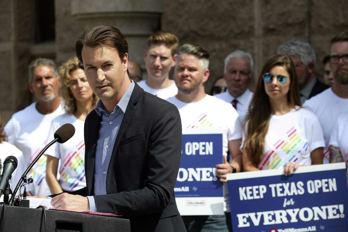 David Heard, CEO of Tech Bloc San Antonio, speaks against the bathroom bill at the state capitol, Monday, July 17, 2017.