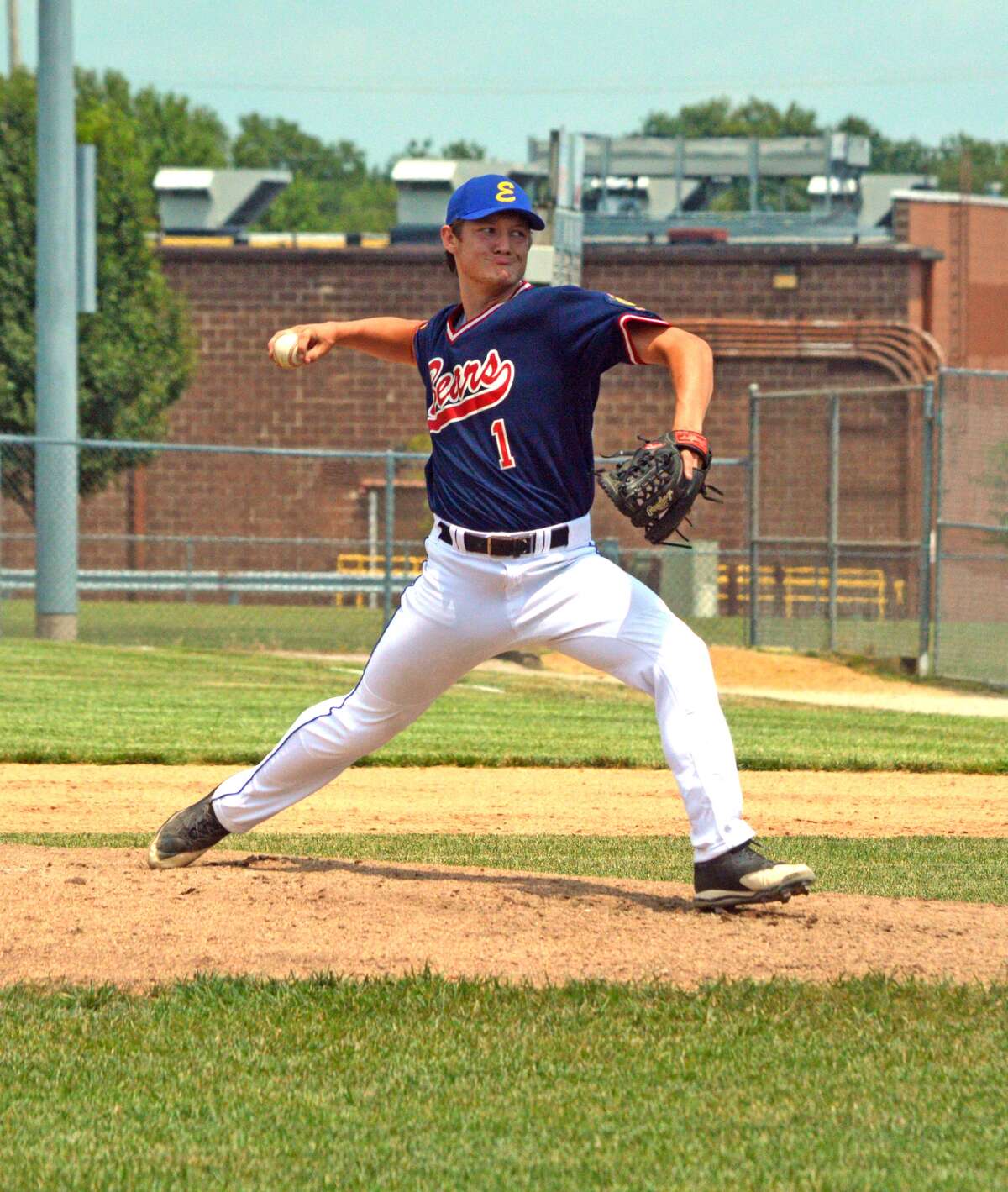 Zach Seavers of the Edwardsville Bears delivers a pitch during the first inning of Monday’s game against Steeleville in the Fifth Division Tournament at Glik Park in Highland.