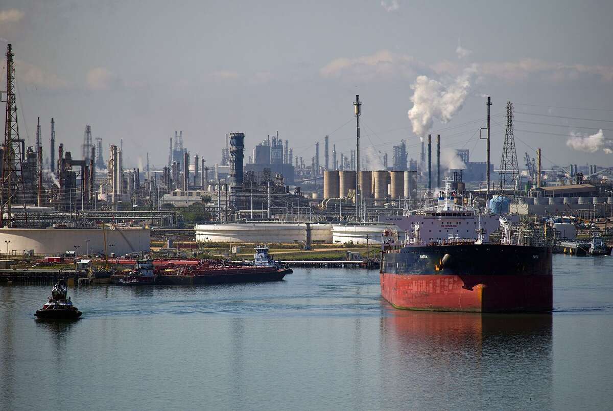 A tanker sails out of the Port of Corpus Christi after discharging crude oil at the Citgo refinery in 2016.