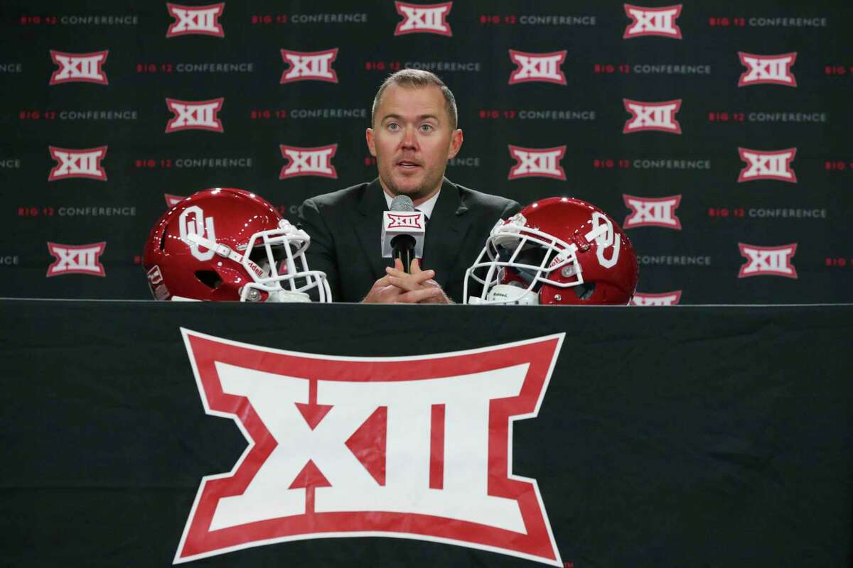Oklahoma head coach Lincoln Riley speaks to reporters during the Big 12 NCAA college football media day in Frisco, Texas, Monday, July 17, 2017. (AP Photo/LM Otero)
