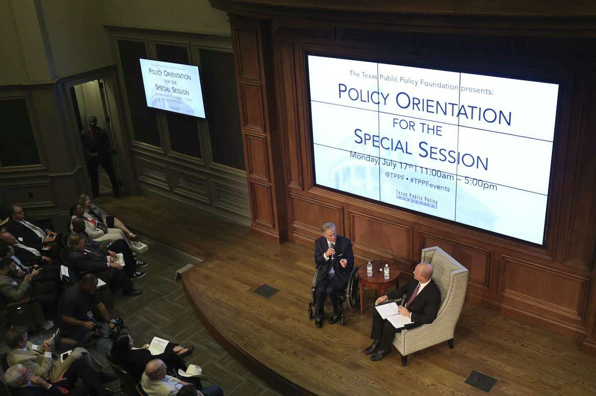 Gov. Greg Abbott speaks at the Texas Public Policy Foundation's Policy Orientation for the Special Session, Monday, July 17, 2017. The Special Session of the Texas Legislature and Senate starts on Tuesday. Lt. Gov. Dan Patrick was also speaking at the event. Joining Abbott on stage was Texas Public Policy Foundation Executive Vice President Kevin Roberts. Texas Gov. Greg Abbott speaks at the Texas Public Policy Foundation's Policy Orientation for the Special Session, Monday, July 17, 2017. The Special Session of the Texas Legislature and Senate starts on Tuesday. Lt. Gov. Dan Patrick was also speaking at the event. Joining Abbott on stage was Texas Public Policy Foundation Executive Vice President Kevin Roberts.