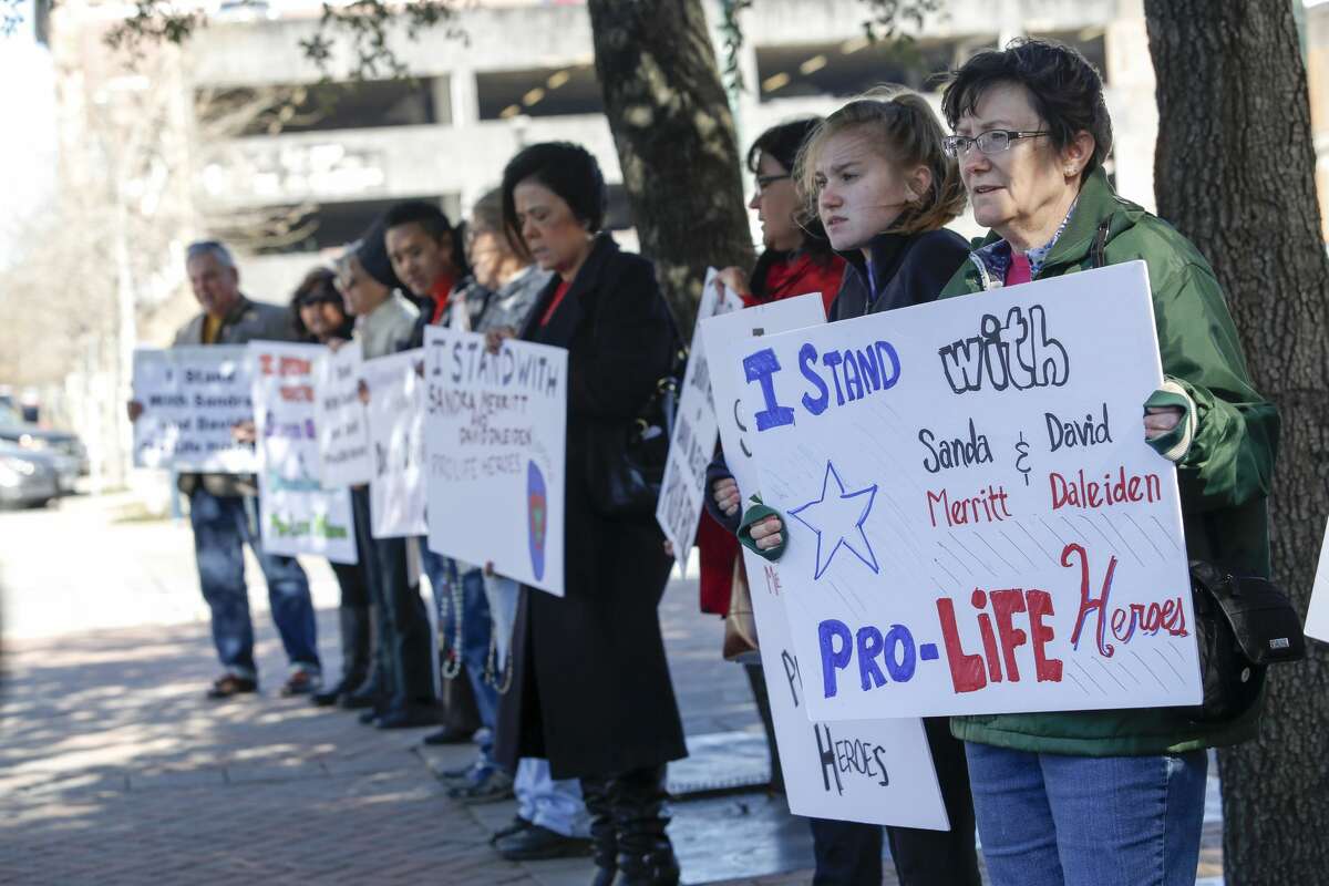 HOUSTON, TX - FEBRUARY 3: Supporters gather outside as Sandra Merritt, a defendant in a recent indictment reversal stemming from a Planned Parenthood surreptitious video she helped produce, appears in court at the Harris County Criminal Courthouse February 3, 2016 in Houston, Texas. Merritt posted bond, which was reduced from $10,000 to $2,000. The other indicted activist, David Daleiden, was scheduled to turn himself in Thursday. (Photo by Eric Kayne/Getty Images)