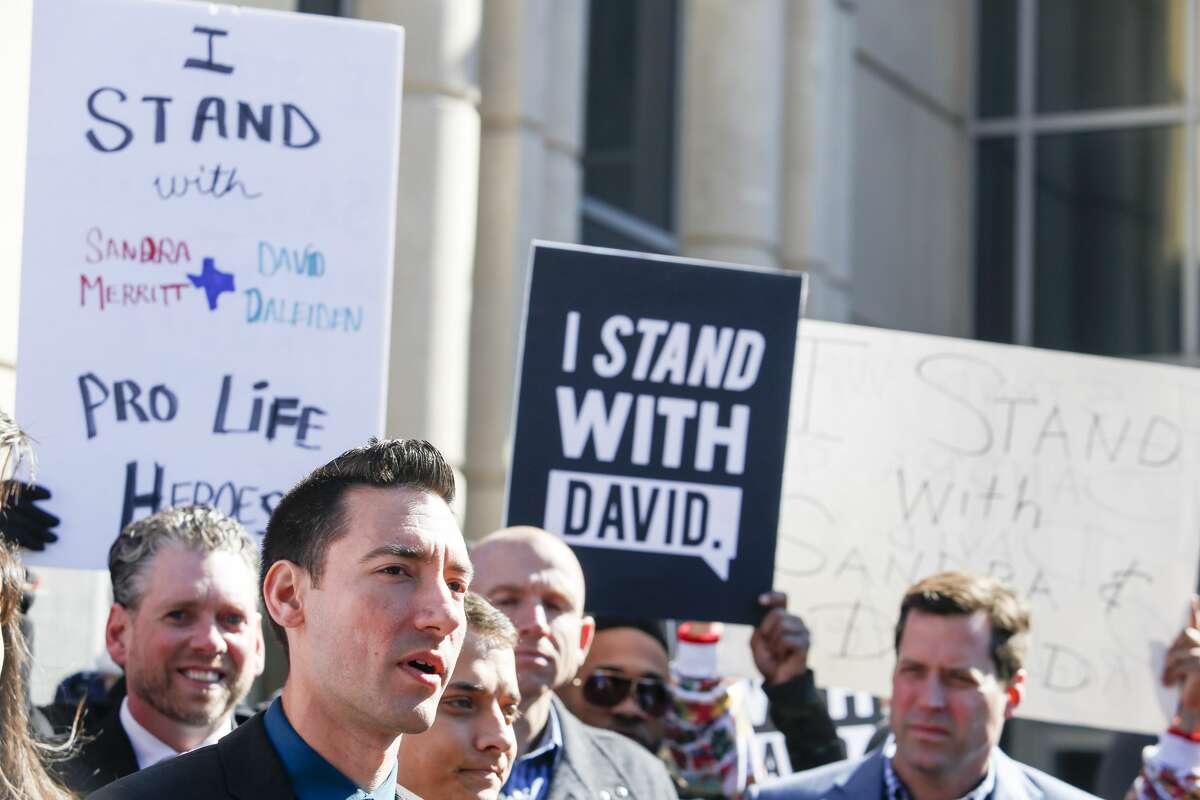 David Daleiden, a defendant in an indictment stemming from a Planned Parenthood video he helped produce, speaks to the media after appearing in court at the Harris County Courthouse on February 4, 2016 in Houston, Texas.