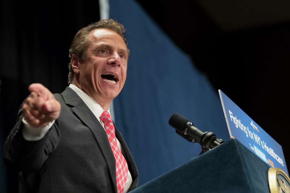New York Governor Andrew Cuomo speaks during a rally in support of the Affordable Care Act and against the Senate replacement bill, Monday, July 17, 2017, in New York. (AP Photo/Mary Altaffer) ORG XMIT: NYMA104