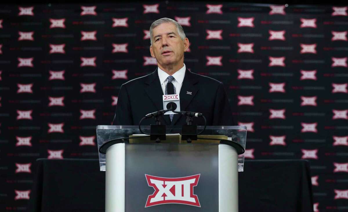 Big 12 commissioner Bob Bowlsby speaks to reporters during the Big 12 NCAA college football media day at the Dallas Cowboys practice facilities in Frisco, Texas, Monday, July 17, 2017. (AP Photo/LM Otero)