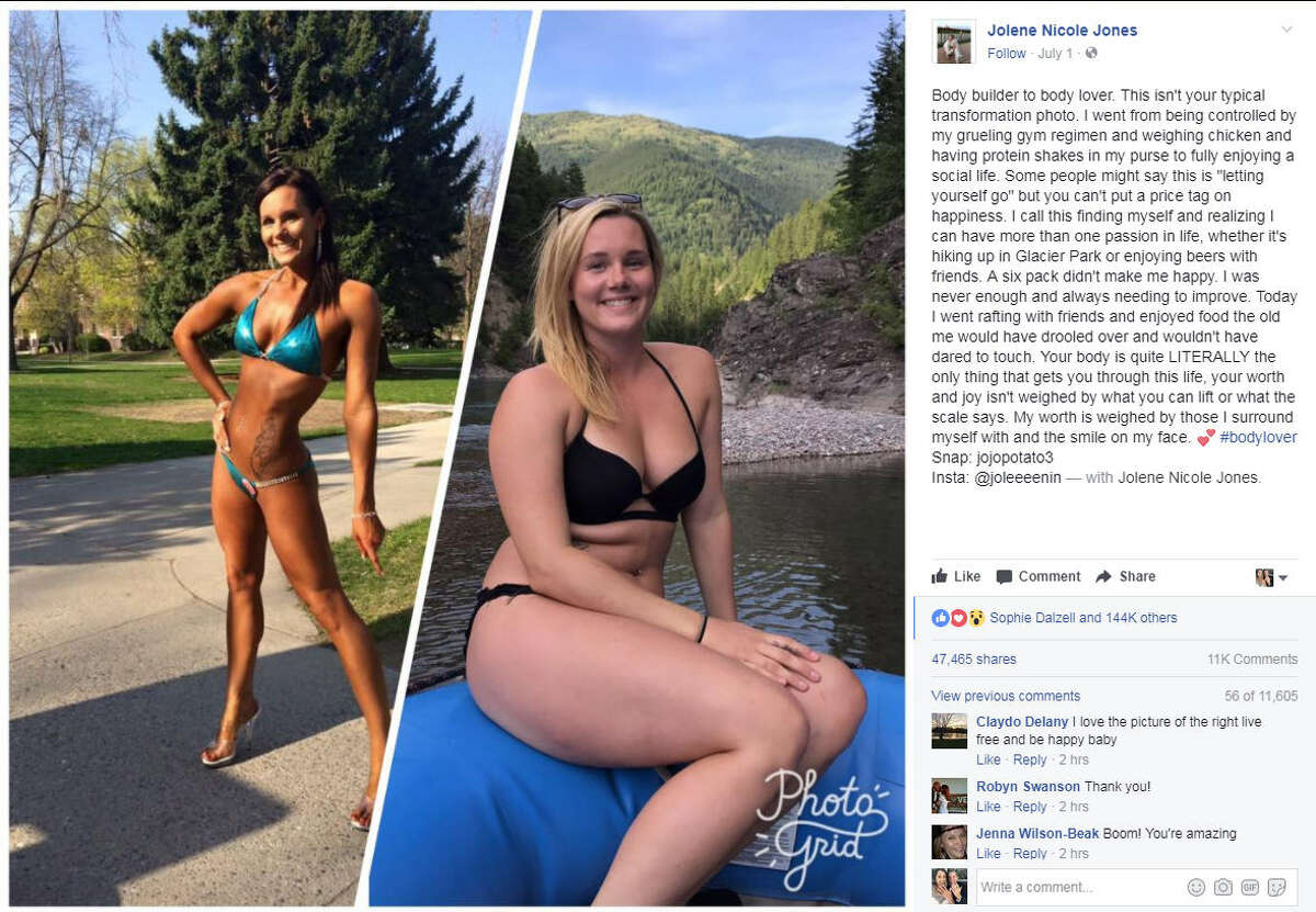 "Body builder to body lover... Some people might say this is "letting yourself go" but you can't put a price tag on happiness." >>Keep clicking to see more incredible body transformations. Photo: Jolene Nicole Jones Facebook