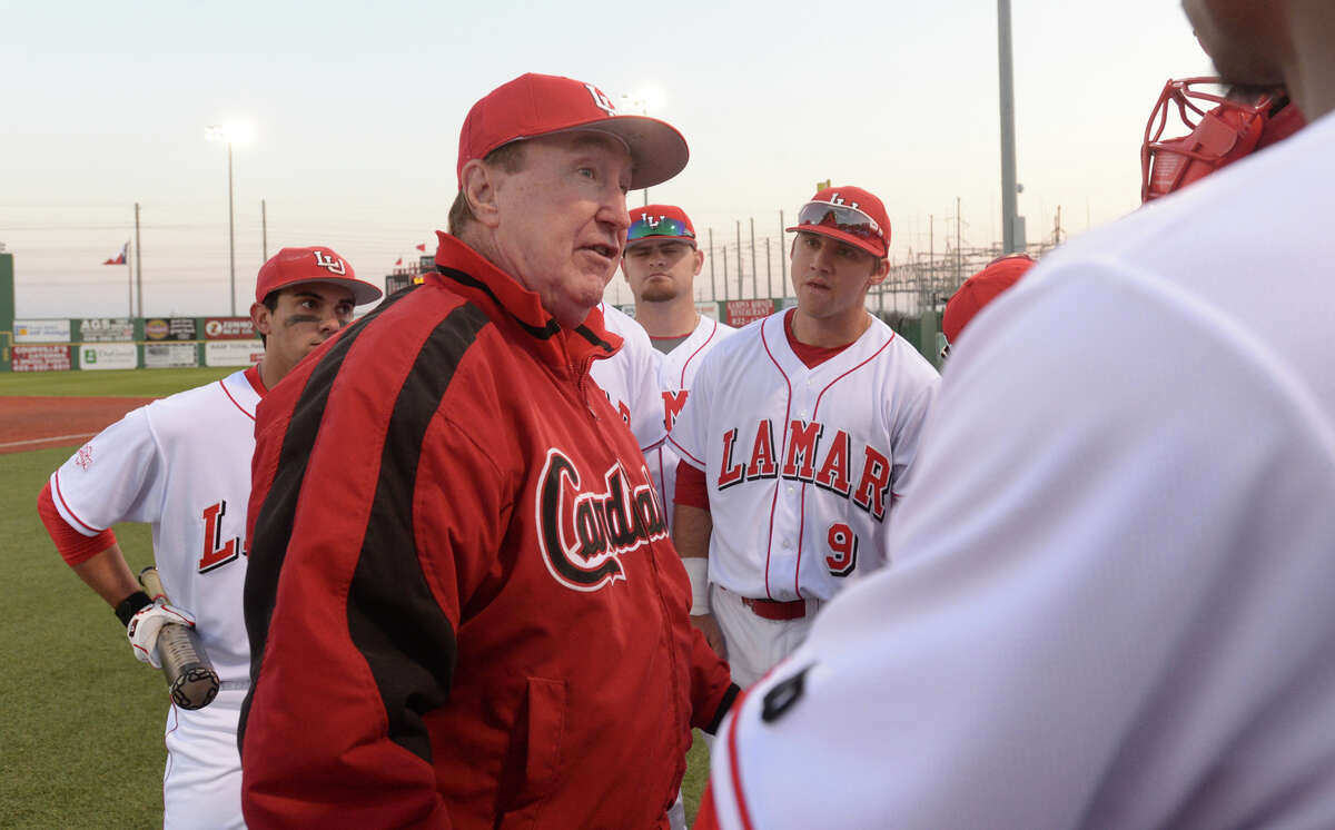 After 38 years as the Lamar Cardinals' head baseball coach, Jim Gilligan announced during a press conference Monday that he will retire at the end of the 2016 season. Lamar's head coach Jim Gilligan offers pre-game advice to his team before the start of their home opener against New Mexico State Friday night at Vincent Beck Stadium. Photo taken Friday, February 13, 2015 Kim Brent/The Enterprise Manditory Credit, No Sales, Mags Out, TV Out, Web: AP Members only
