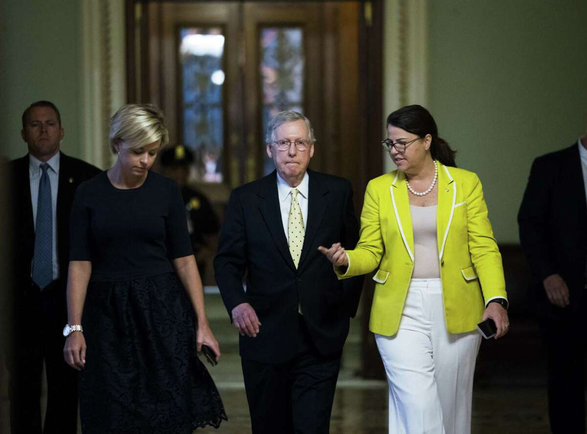 Senate Majority Leader Mitch McConnell (R-Ky.) walks off the Senate floor with staff members after speaking about the Senate Republican healthcare bill, at the U.S. Capitol in Washington, July 18, 2017. The night before, two more Republican senators declared that they would oppose the bill to repeal the Affordable Care Act, killing, for now, a seven-year-old promise to overturn President Barack Obamas signature domestic achievement.