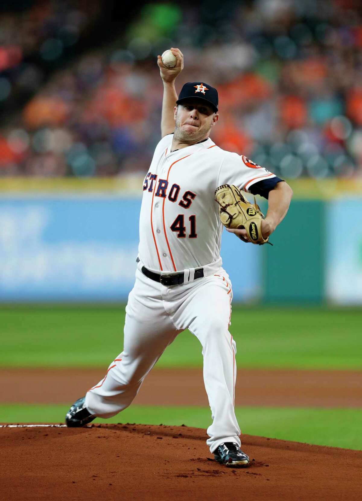 Houston Astros relief pitcher Brad Peacock (41) pitches during the first inning of an MLB baseball game at Minute Maid Park, Tuesday, July, 18, 2017.