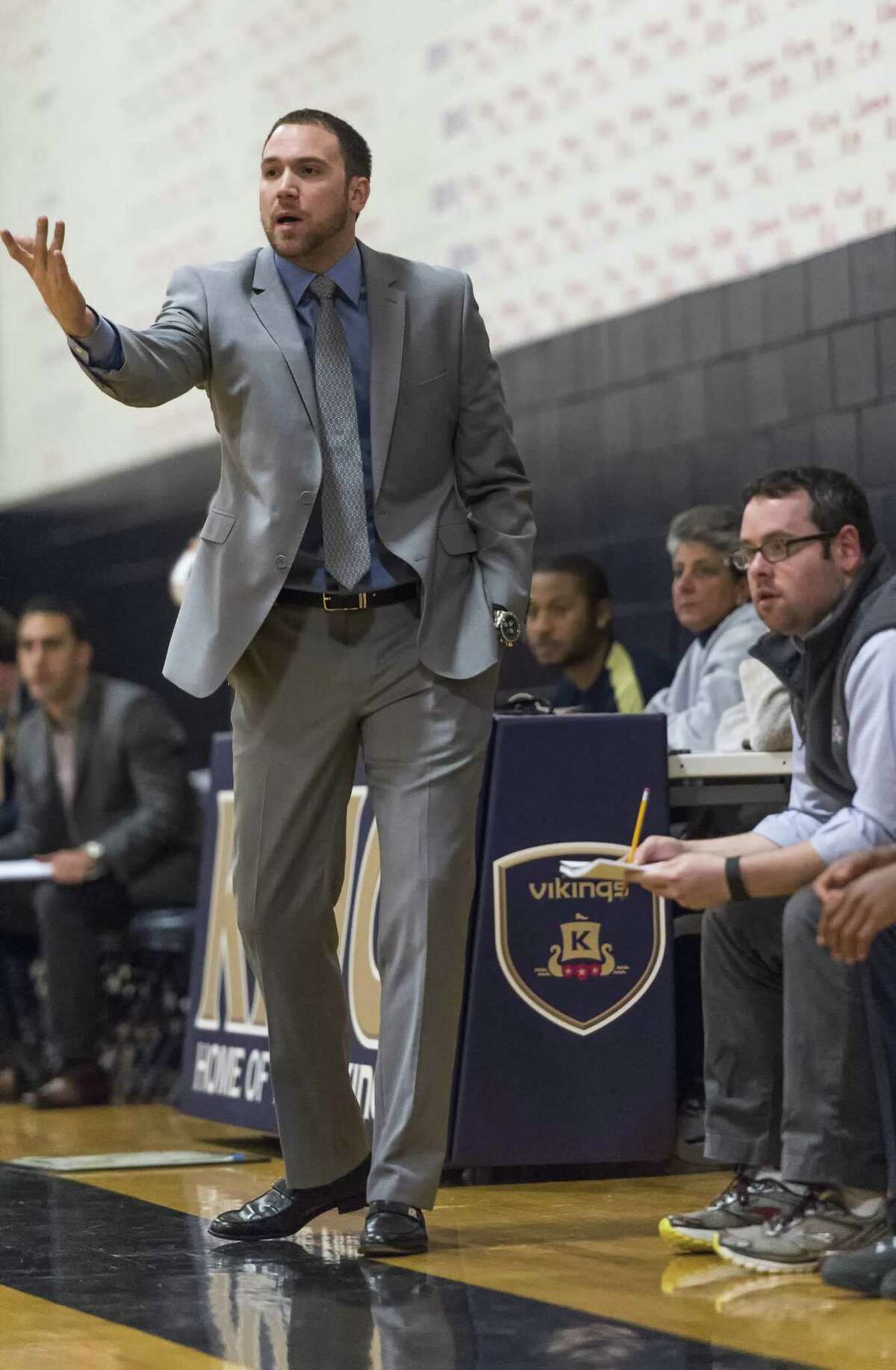 St Luke's School head coach Drew Gladstone during a boys basketball game against King School played at King School, Stamford, CT Thursday, December 10, 2015.