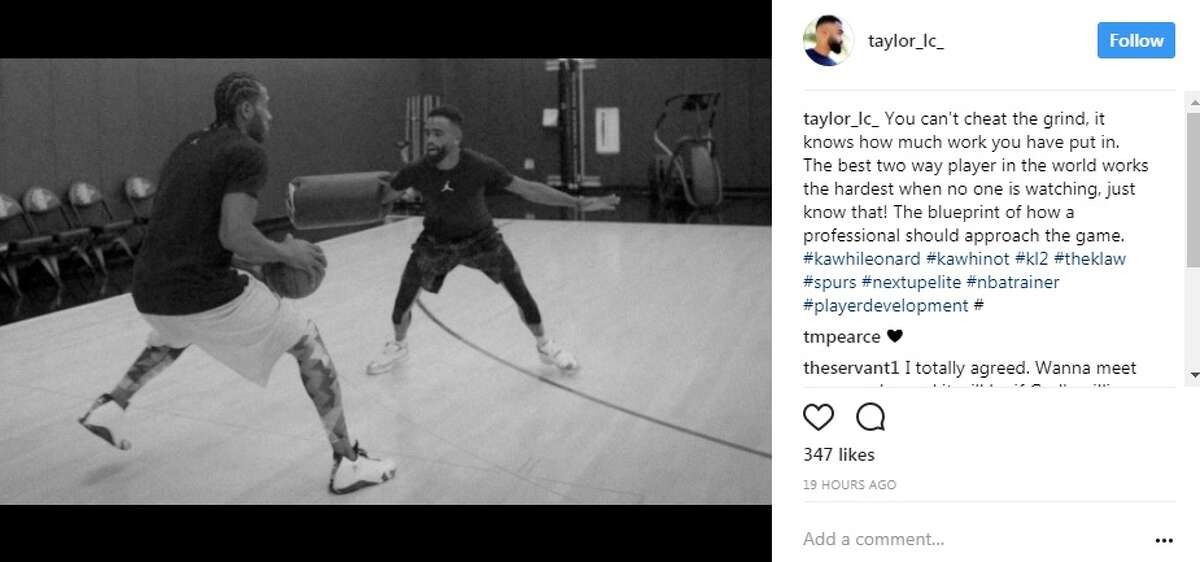 An Instagram photo posted by @taylor_lc_, who identifies as the CEO and NBA skills coach and for NextUpElite, shared a photo of himself going one-on-one with Kawhi Leonard.
