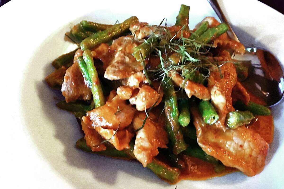 Green beens and chicken curry with sliced lime leaves -- also called pad prik king -- from Thai Dee.