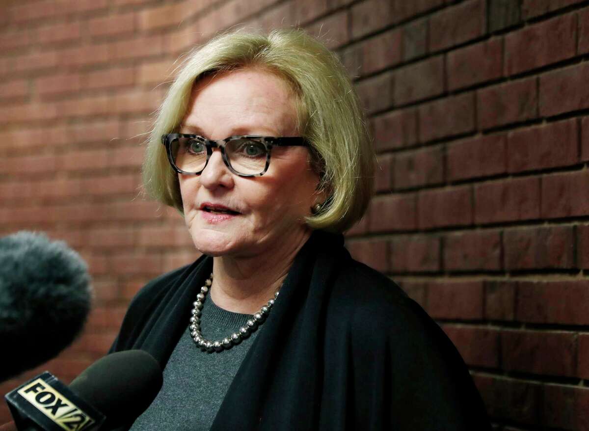 FILE - In this April 12, 2017, file photo, U.S Sen. Claire McCaskill, D-Mo., speaks to the media following a town hall meeting in Hillsboro, Mo. Missouri Republicans are coalescing around Attorney General Josh Hawley as their favored candidate to challenge McCaskill in 2018. (AP Photo/Jeff Roberson, File)