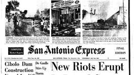 Riots dominated the front page of the July 26, 1967 San Antonio Express. A triptych of photos from Detroit, New York and Cambridge, Maryland topped the masthead under the headline, Rioting leaves war-like devastation. Under a national story with the headline, New riots erupt in dazed cities, the paper ran a local story about an address that Mayor W.W. McAllister gave to a community group at a luncheon, in which he said the city was preparing for possible mob disorders.