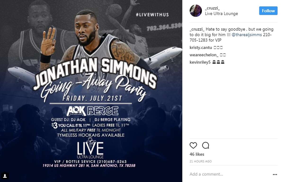 Jonathan Simmons is on his way out of San Antonio and to the Orlando Magic after two years with the Spurs, but not before the city says goodbye in a "big" way at LIVE Ultra Lounge on Friday.