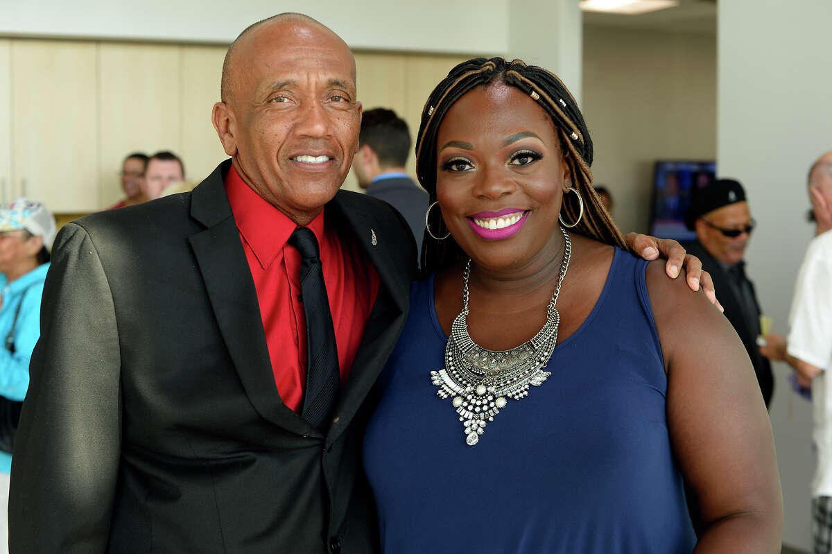 Lionel Briggs and honoree Camille Briggs at the Pioneering Women Media Party at Mercedes of Beaumont on Thursday. Seven women will be honored during an Aug. 3 luncheon. Photo taken Thursday 7/20/17 Ryan Pelham/The Enterprise