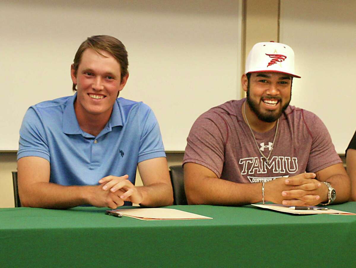 Caleb Rozypal and Matt Rosales moments before signing their letters of intent of playing for Prairie View A& and TAMIU, respectively, on Thursday afternoon at the Kazen Student Center at Laredo Community College.