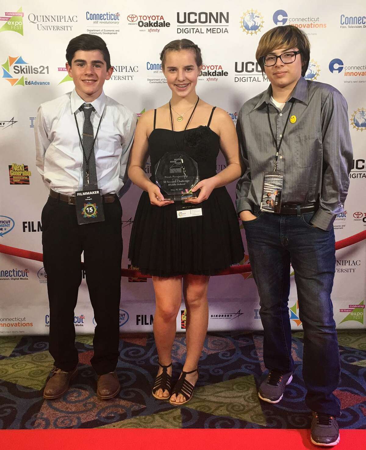 Middle school students at Shepaug Valley School in Washington recently placed first for their film ”The Epic Chase” in the category of 90-second Live Action Challenge at the 2017 Connecticut Student Film Festival held in Wallingford. The winners of the film are, from left to right, Giacomo Colangelo, Sierra Wilson and Darius Moreno.