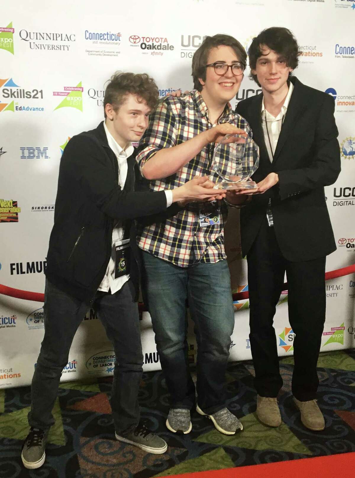 High school students at Shepaug Valley School in Washington recently won first place with the 84-Hour Film Challenge, Best Editing Award for the teams film ”Unwanted.” The winners of the film are, from left to right, Seth Caco, Alvin Hermans and Sean McCabe.