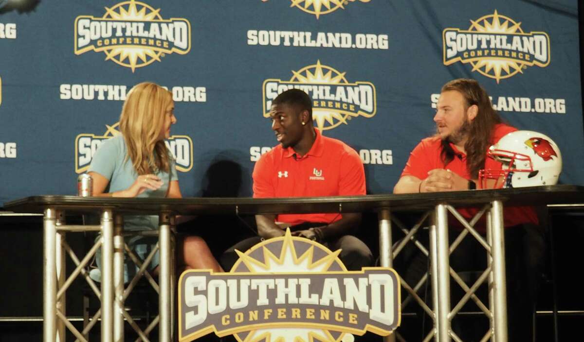 Lamar football players Rodney Randle Jr. (center) and Matt Oubre (right) speak with host Tatum Everett during Southland Media Day at Hilton Americas Hotel in Houston on Thursday.