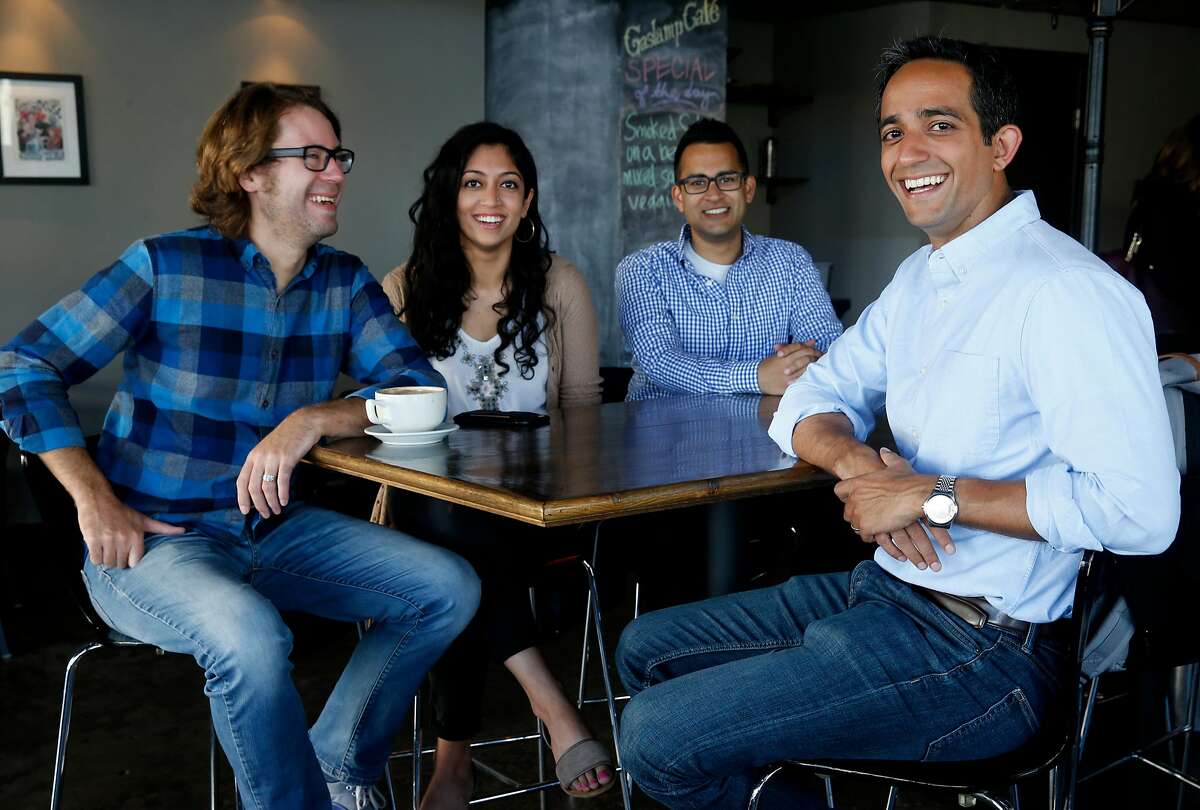 Manik Suri (right), co-founder and CEO of MeWe, Inc., meets with members of the development and marketing team, from left, Andrew Hager, Sundas Arain and co-founder and CTO Ranjeet Sidhu at the Gaslamp Cafe in San Francisco, Calif. on Friday, July 21, 2017. MeWe is the developer of CoInspect, an inspection app for the restaurant industry.
