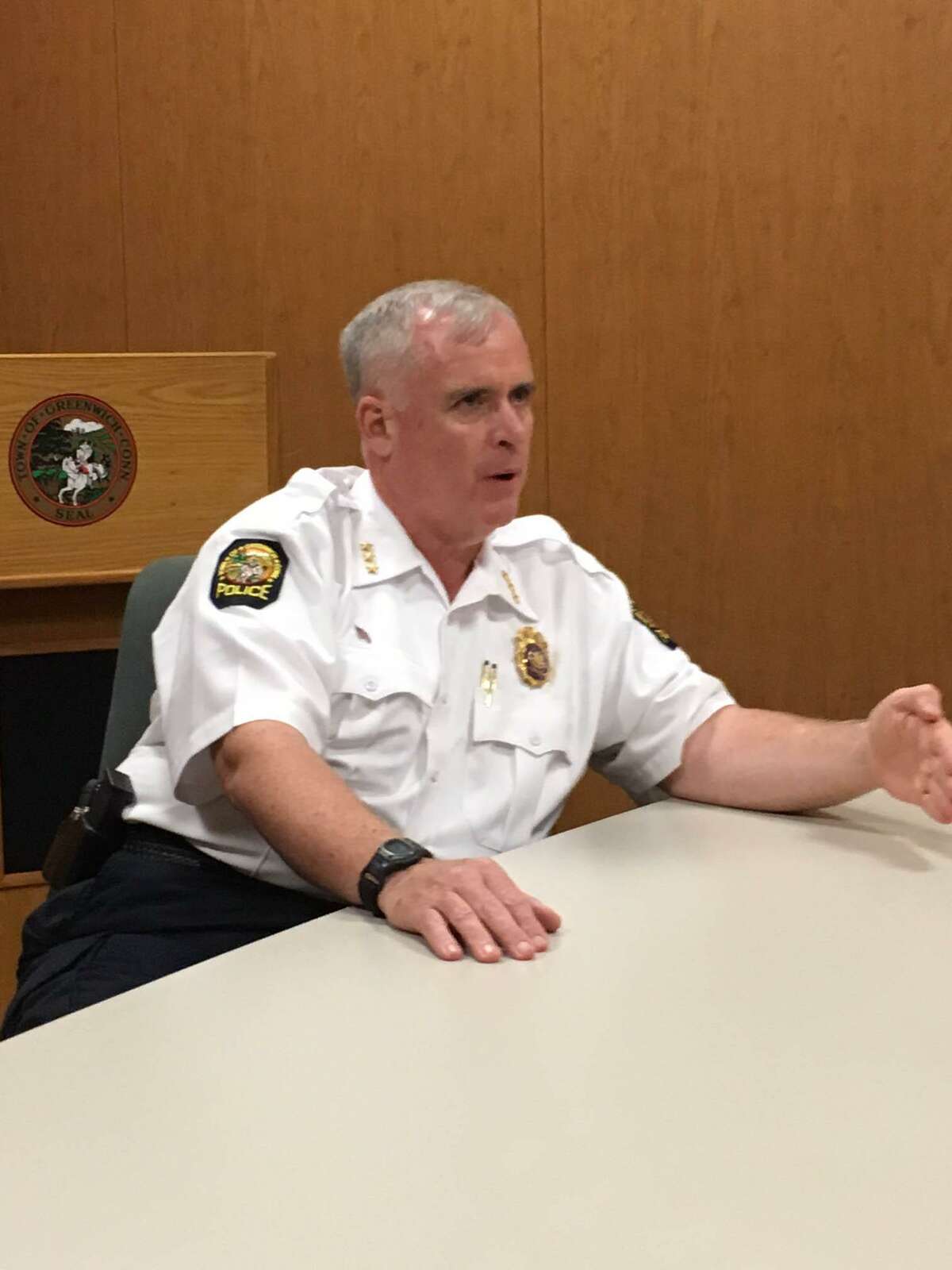 Greenwich Police Chief James Heavey discusses the upsurge in car thefts at police headquarters.