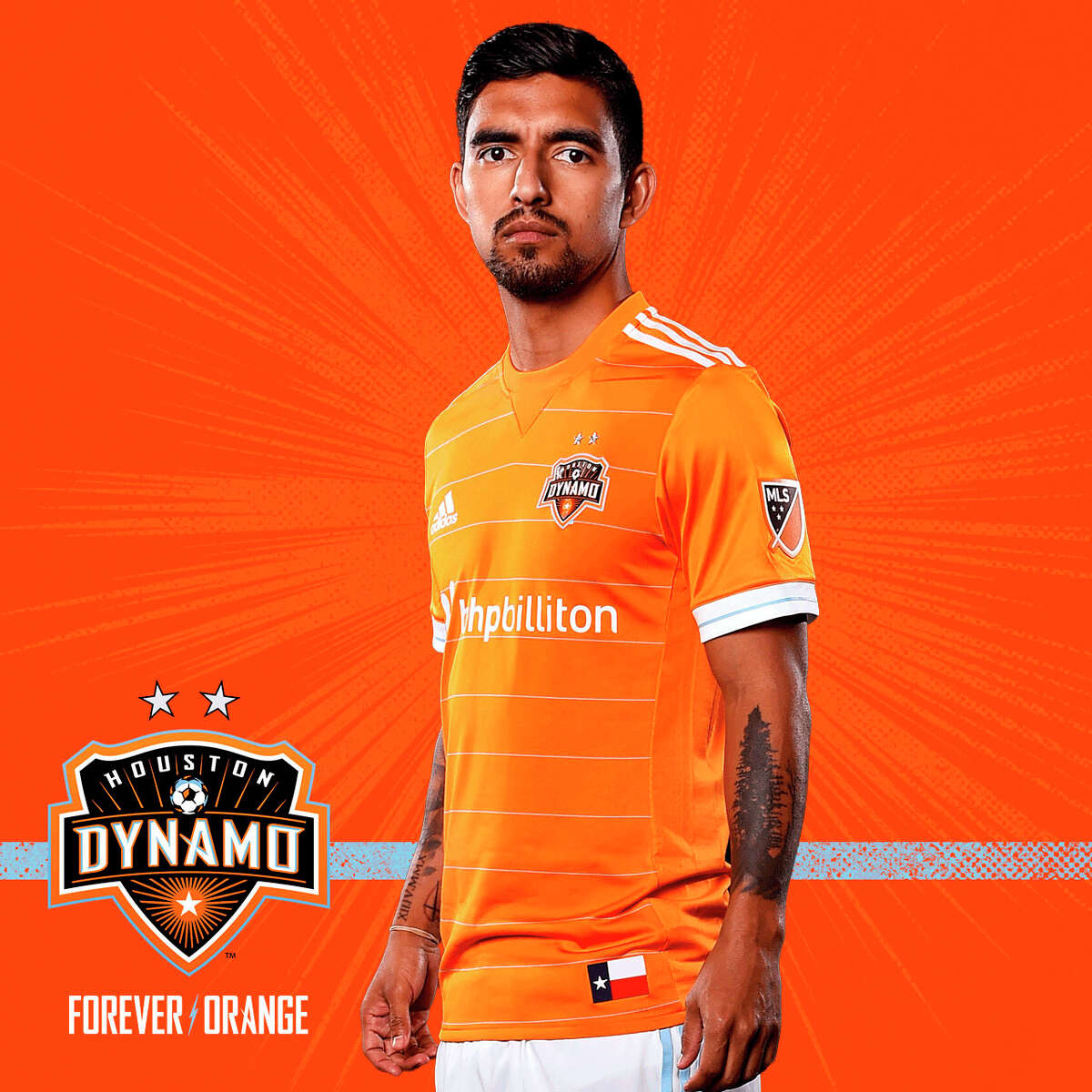 Houston Dynamo A.J. DeLaGarza unveils the new 2017 home kit. Space City Blue returns to the home kit for the first time since 2010, with blue horizontal pinstripes accenting the clubÂ?’s traditional orange shirt. The rest of the kit features white shorts with Space City Blue accent stripes, leaving behind the traditional orange stripes, and orange socks with Space City Blue pinstripes to match the jersey. Â The club motto, Â?“FOREVER ORANGE,Â?” is on the back of the jersey beneath the collar, and the front of the jersey bears the club crest with two silver stars representing the clubÂ?’s back-to-back MLS Cup wins in 2006 and 2007.
