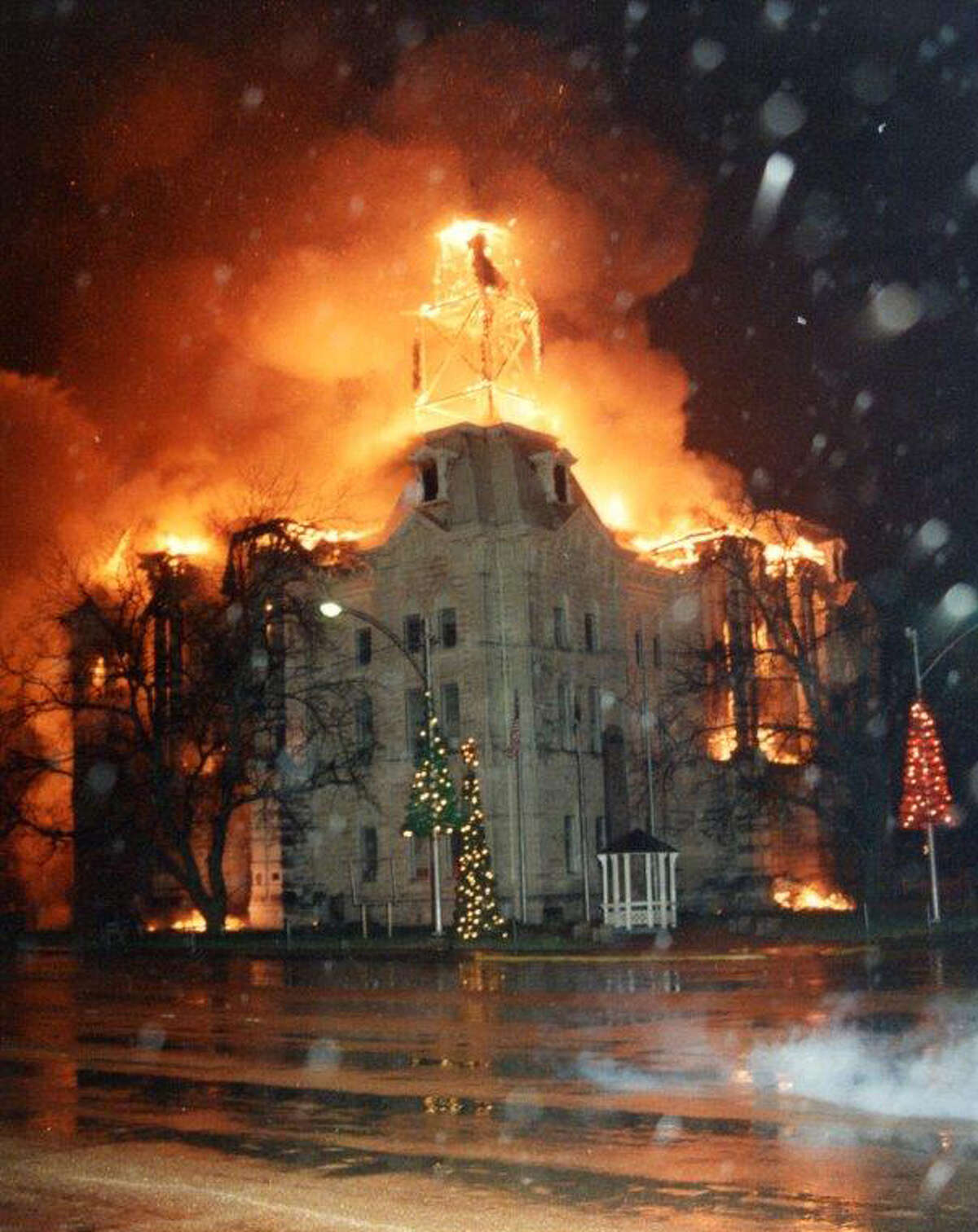The historic Hill County Courthouse went up in flames on New Year's night 1993. Residents resolved to restore the courthouse and their community's purpose.