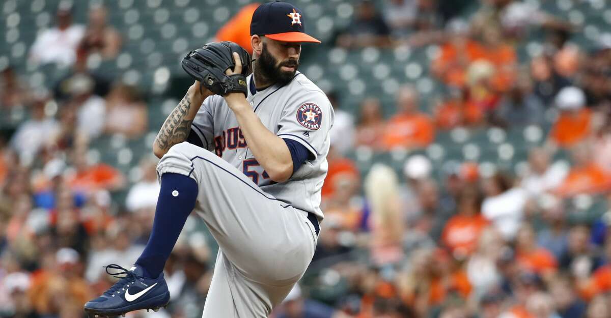 Houston Astros starting pitcher Mike Fiers throws to the Baltimore Orioles in the first inning of a baseball game in Baltimore, Friday, July 21, 2017. (AP Photo/Patrick Semansky)