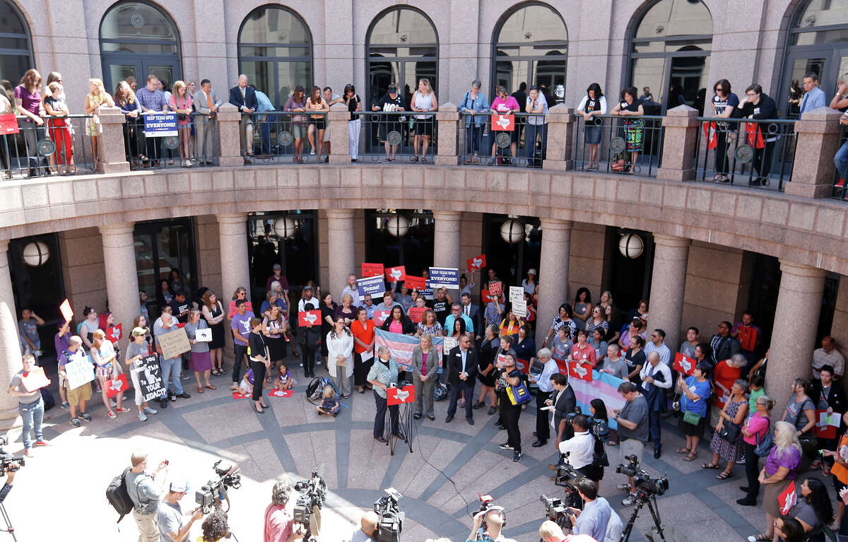 Opponents of the "bathroom bills" hold a press conference at the Texas State Capitol Friday July 21, 2017 in Austin, Tx.