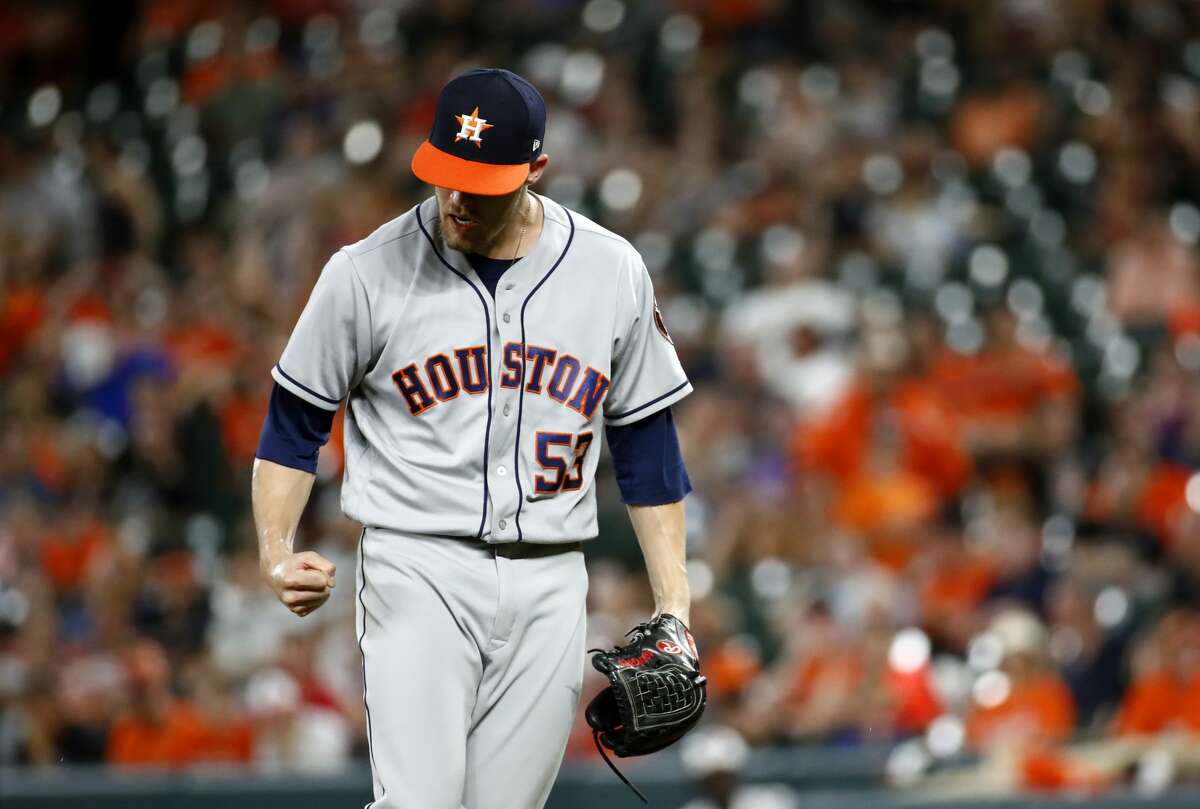 Houston Astros relief pitcher Ken Giles reacts after closing out a baseball game against the Baltimore Orioles in Baltimore, Friday, July 21, 2017. (AP Photo/Patrick Semansky)