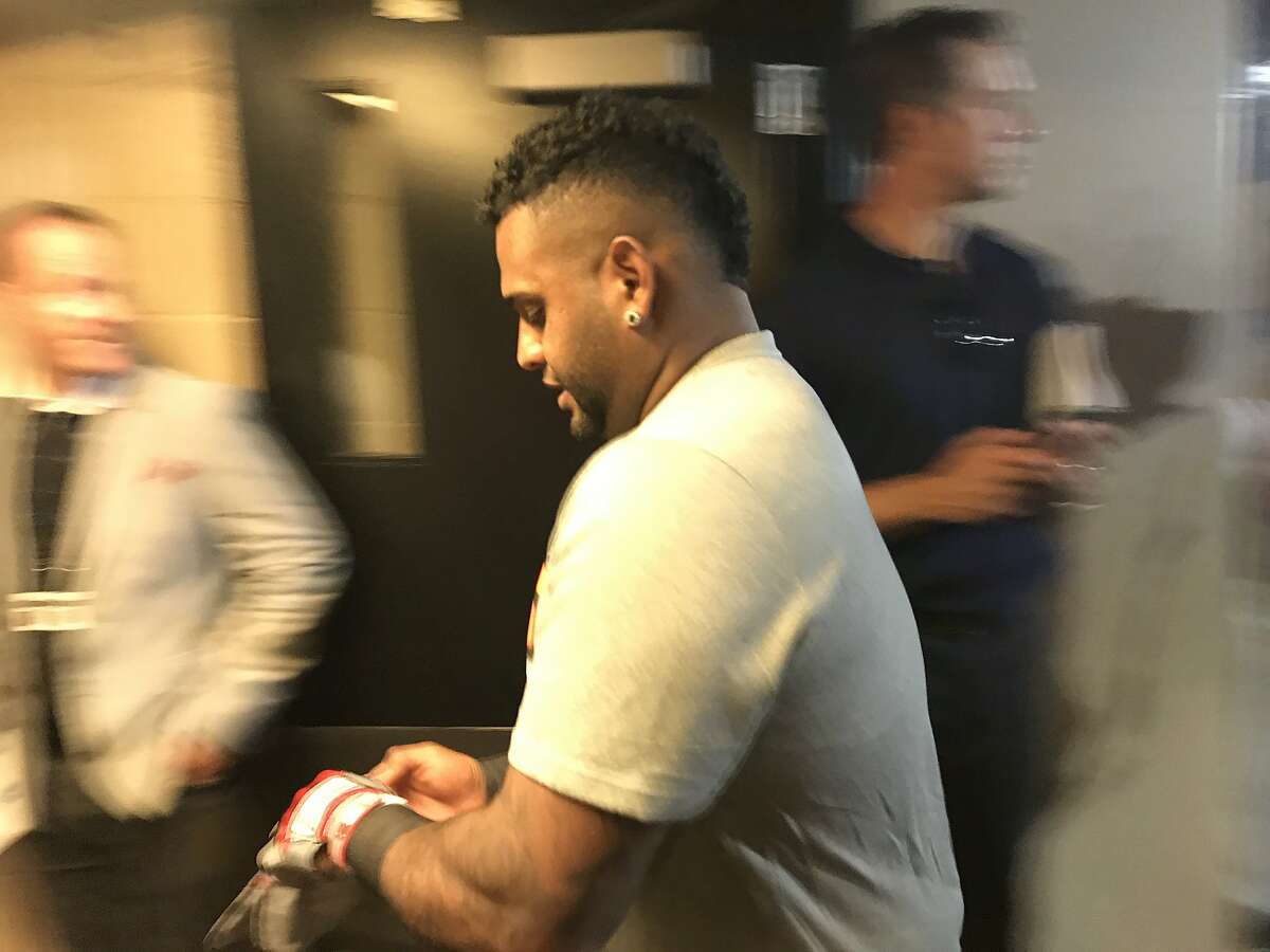 Pablo Sandoval, who has rejoined the San Francisco Giants on a minor-league contract after getting released by the Boston Red Sox, heads to the batting cage at AT& Park on July 22, 2017.