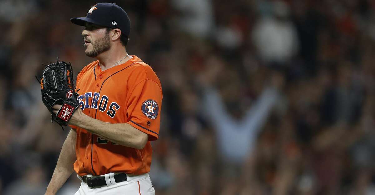 Houston Astros relief pitcher James Hoyt (51) reacts after giving up a grand slam to New York Yankees Brett Gardner during the seventh inning of an MLB baseball game at Minute Maid Park, Friday, June, 30, 2017. ( Karen Warren / Houston Chronicle )