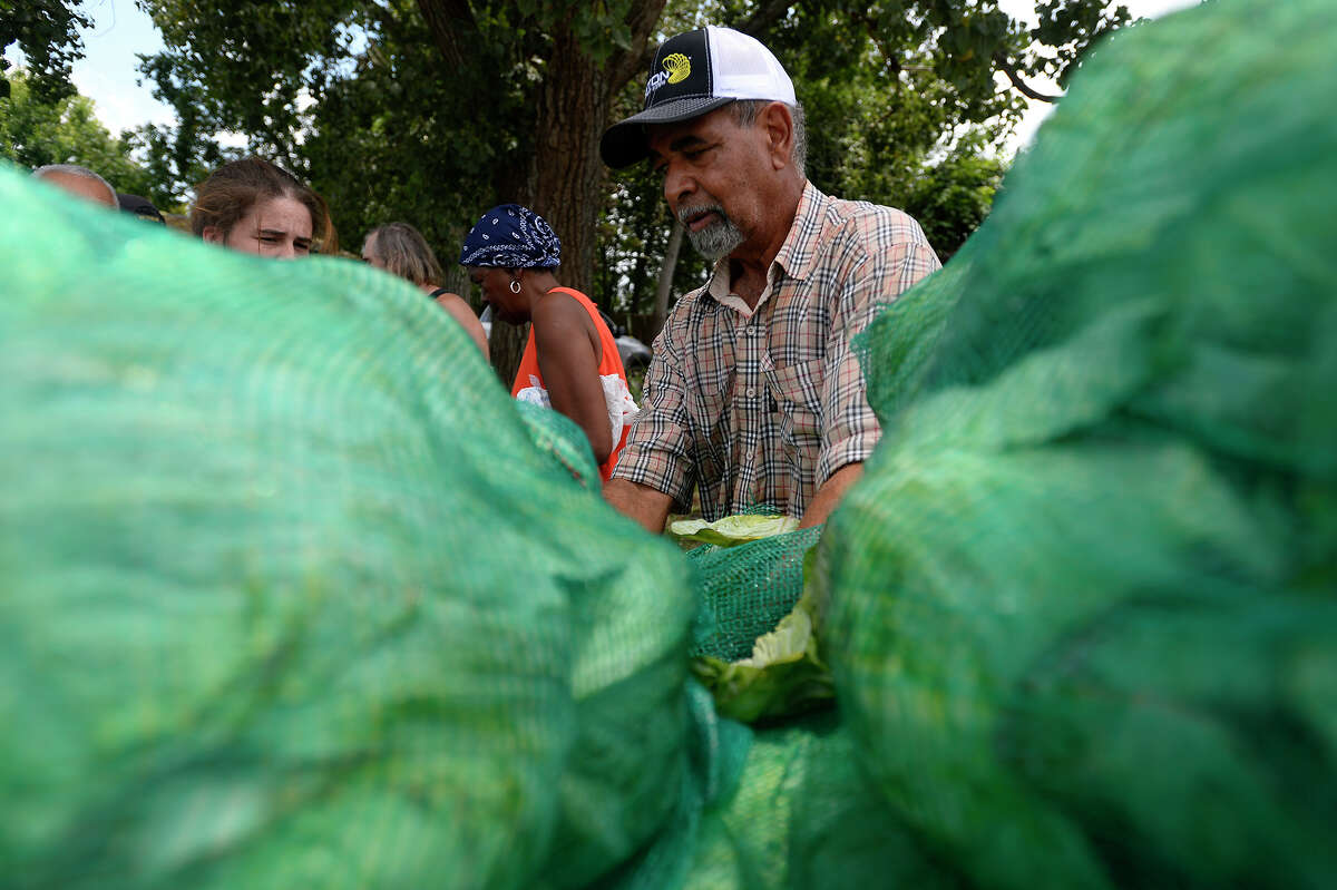 Volunteer Wilbert Sonnier passes out cabbage at the Hardin-Jefferson Hunger Initiative office in China on Friday. John Walker, former mayor of China, started the program to help with the area's poor. Photo taken Friday 7/21/17 Ryan Pelham/The Enterprise